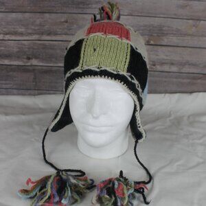 Artesania Colorblock 100% Alpaca Wool Earflap Small Hat Hood Tassels Bolivia